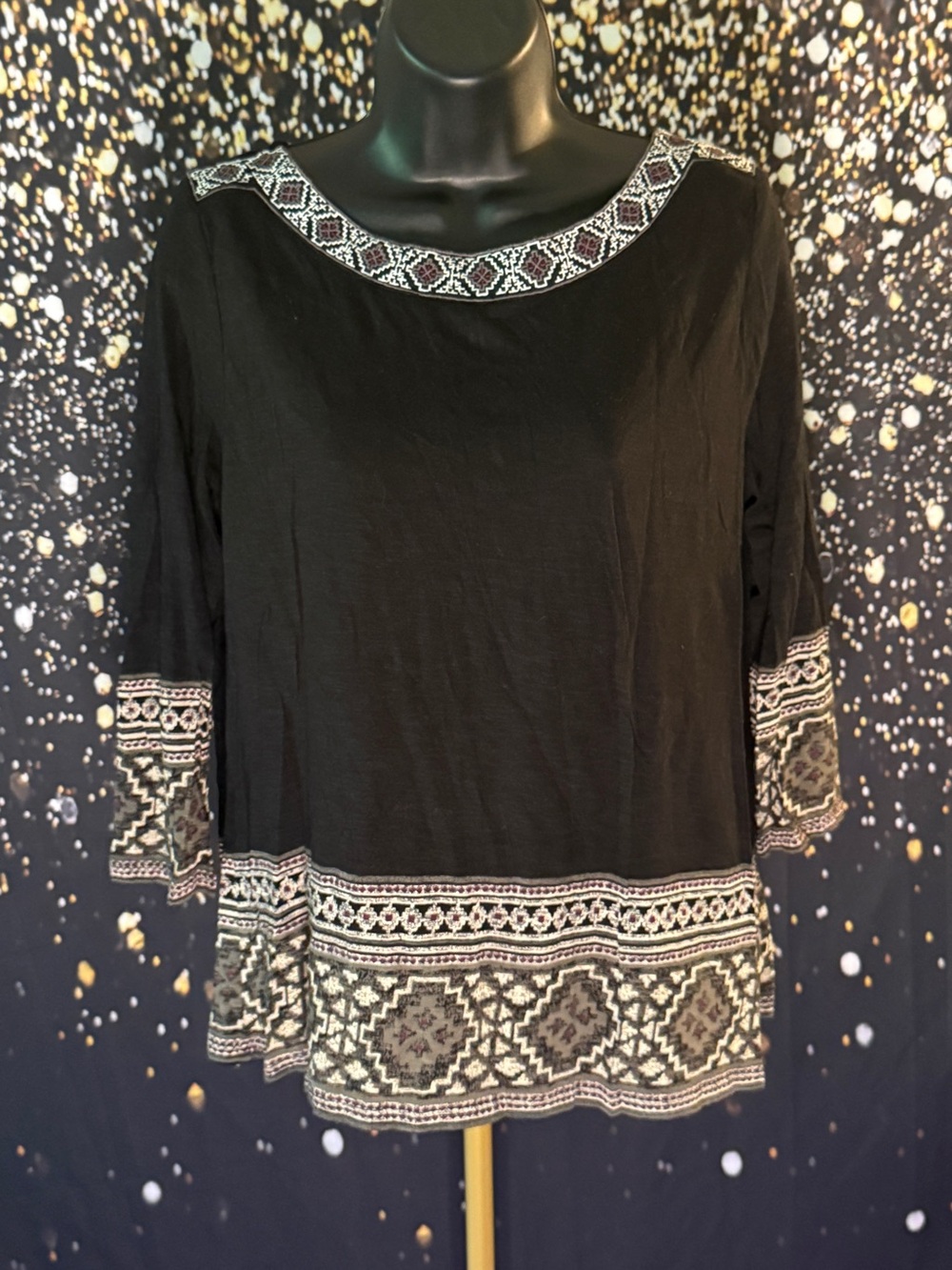 Lucky Brand Black Embroidered Boho Blouse with White & Gray Trim
